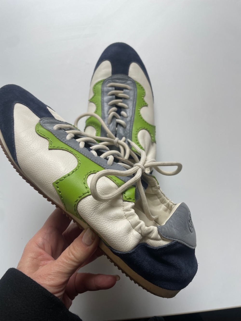 Gorgeous Tory Burch Navy, Cream & Green Leather Suede Sneakers - Picture 5 of 6